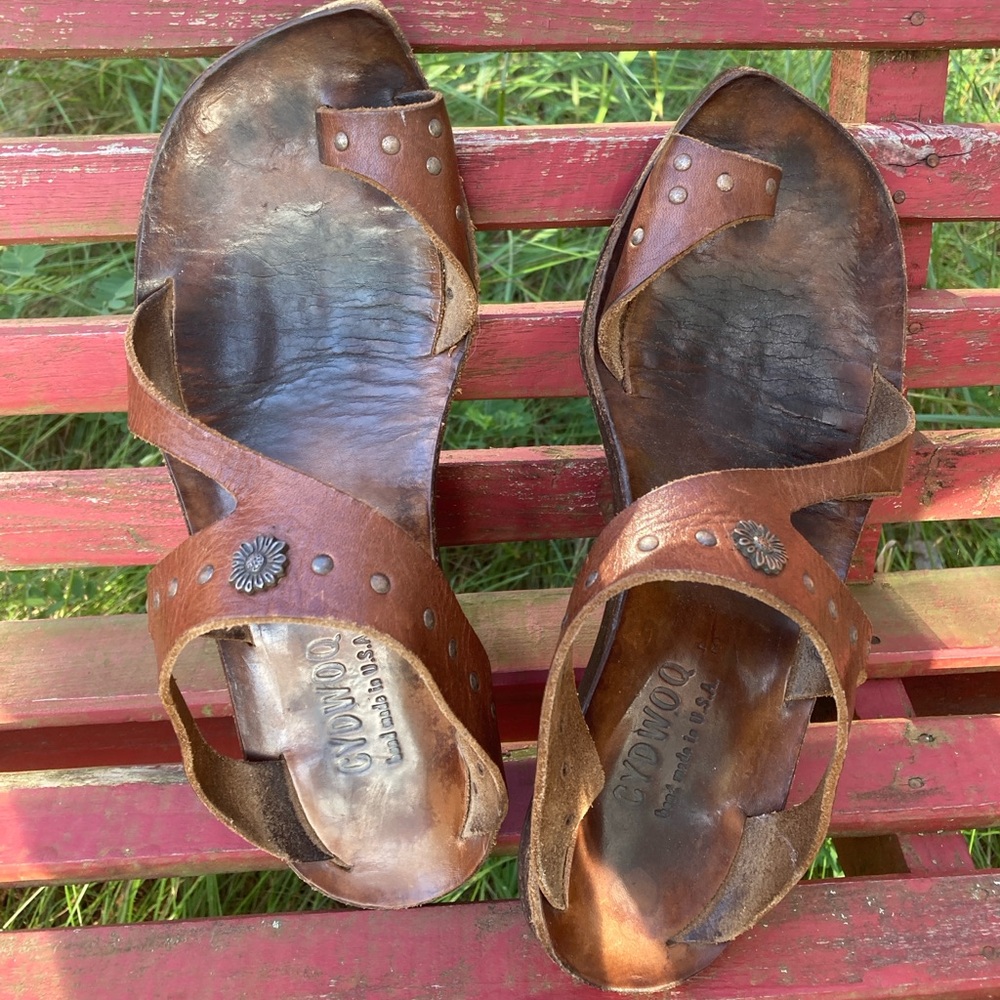 CYDWOQ Sandals Boho Brown Leather Silver Floral Studs Leather Soles Size 37